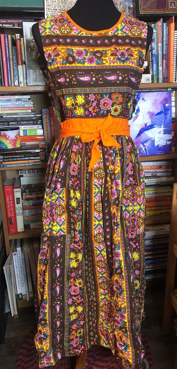 70's Cotton Print Apron/Pinafore Dress by Design