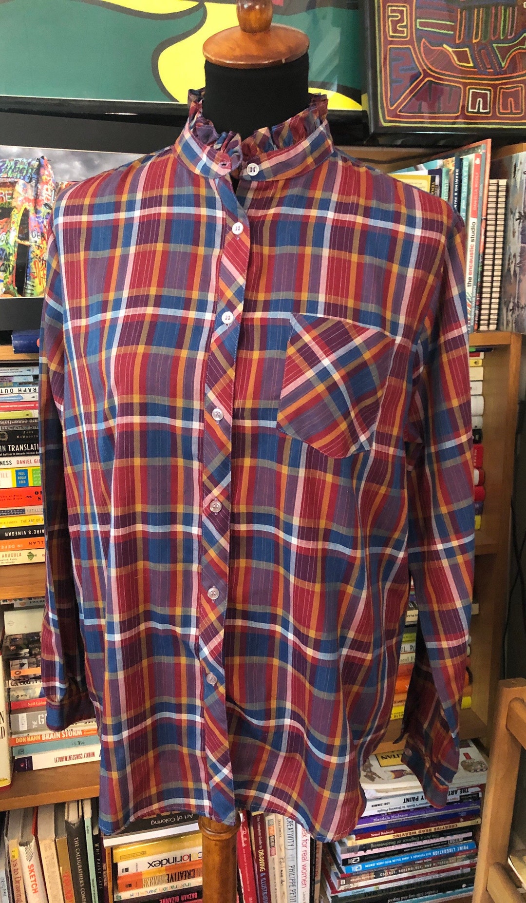 80s Band Collar Plaid Blouse Etsy