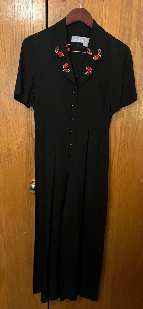 Liz Claiborne, 80’s/90’s Liz Claiborne Rayon Jumpsuit with Silk Flower Accents