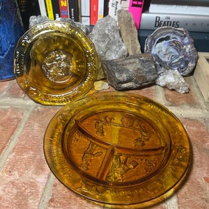70&#39;s Tiara Glass Amber Colored Nursery Rhyme Plate and Bowl