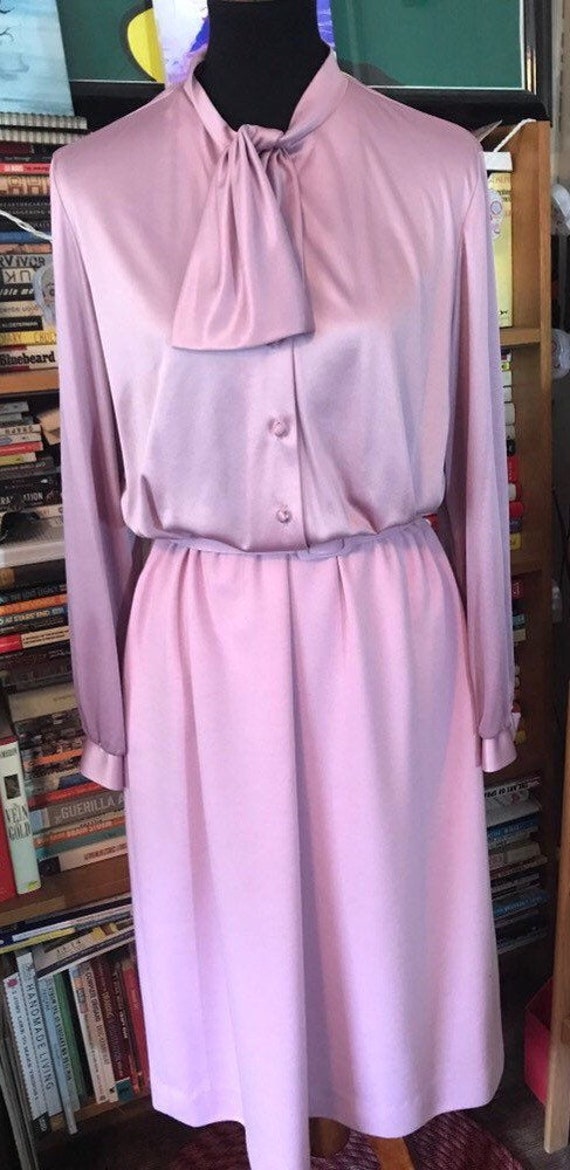 70's Lavender Polyester/Wool Blend Tie-Neck Dress… - image 1