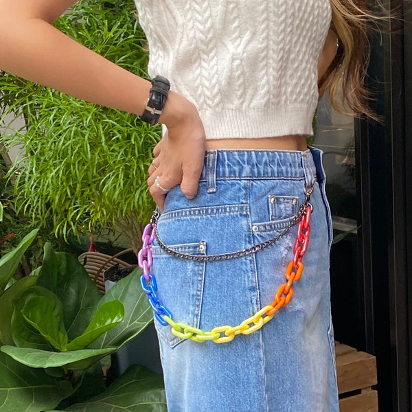 Iridescent Rainbow Chunky Chain Waist Belt Acrylic & Metal