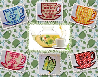 Set of 5 ITH Tea Cup Coasters Machine Embroidery Designs