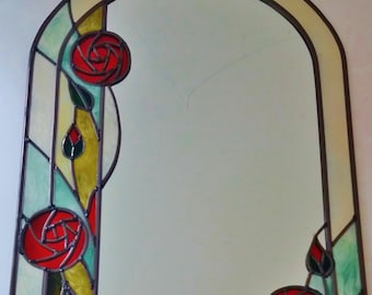 Mackintosh Rose Stained Glass Mirror, Art Nouveau Leaded Mirror (20x40cm)