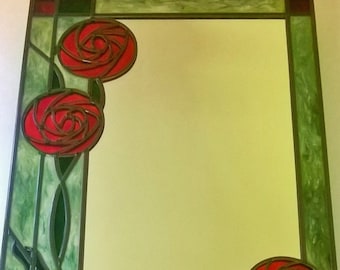 Charles Rennie Mackintosh Inspired Red Rose Stained Glass Mirror, Hand Painted, 30x50cm