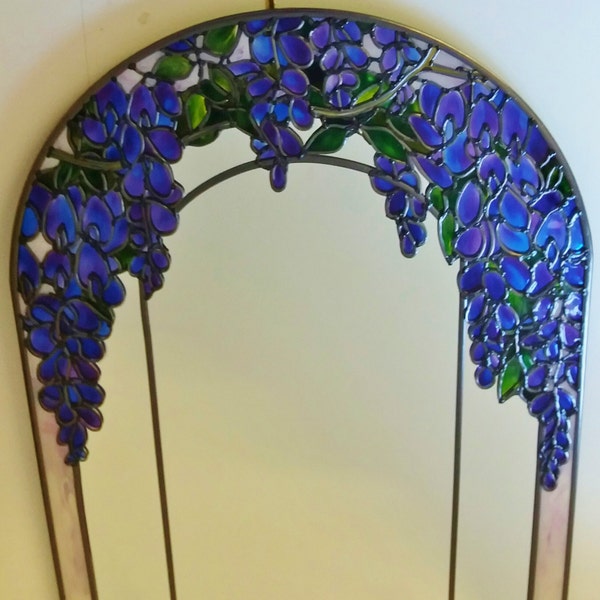 Wisteria ~ A bespoke Art Nouveau ~ 1920s Tiffany inspired (30x50cm) leaded, stained glass effect Wisteria mirror. By Douglas Payne,