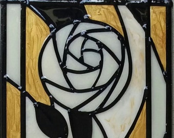 A Charles Rennie Mackintosh inspired leaded, stained glass effect, Black, Gold & Pearlescent Rose panel.  By D.Payne