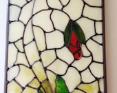 A bespoke Art Nouveau 1920s Tiffany style inspired, stained glass leaded Red Poppy panel with mirror border. 15x50cm. By Douglas Payne