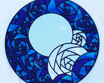 Charles Rennie Mackintosh Rose Mirror ~ a hand painted and leaded - stained glass effect - decorative (50cm diameter) mirror