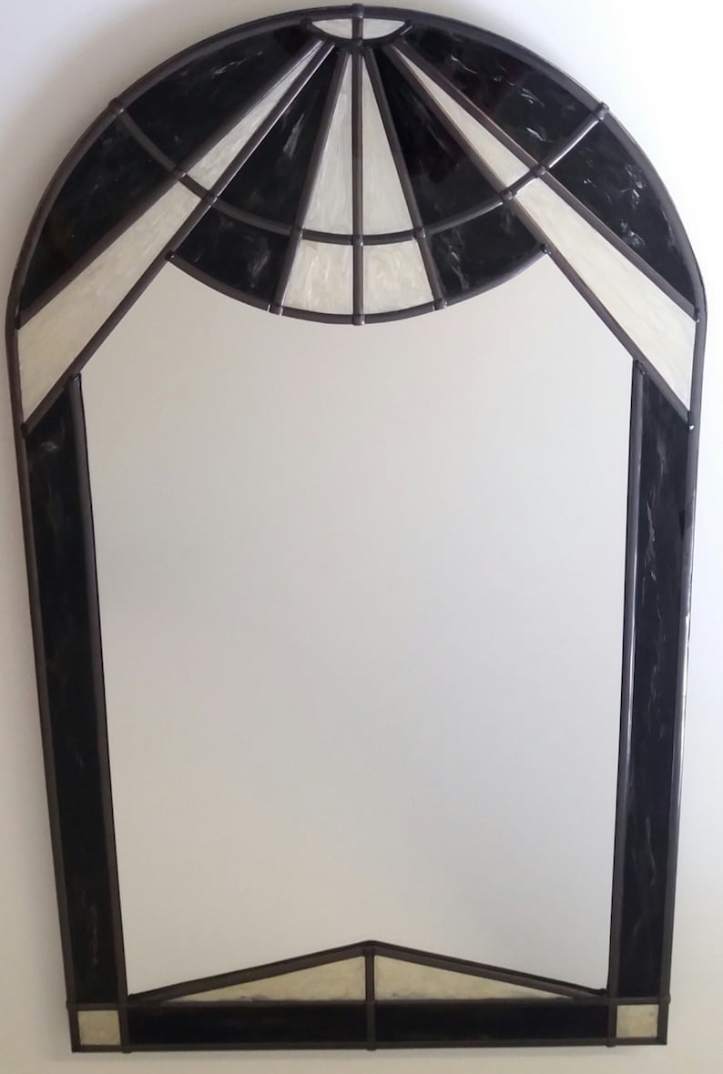 Art Deco 1920s style Sunburst in Black & Pearlescent. A bespoke, hand painted and leaded 30x50cm Mirror. By Douglas Payne. image 1