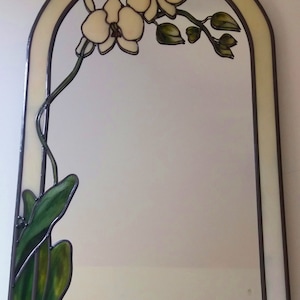 An Art Nouveau style inspired Orchid, arched mirror. Leaded & stained glass effect 30 x 50 cm. By Douglas Payne