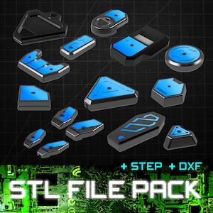 Op de afbeelding: Een set van 14 zwarte en blauwe 3D-geprinte toetsen met een blauw gloei-effect. De toetsen zijn ontworpen voor een toetsenbord en omvatten een verscheidenheid aan vormen en maten. De afbeelding bevat ook de tekst "STL FILE PACK + STEP + DXF".