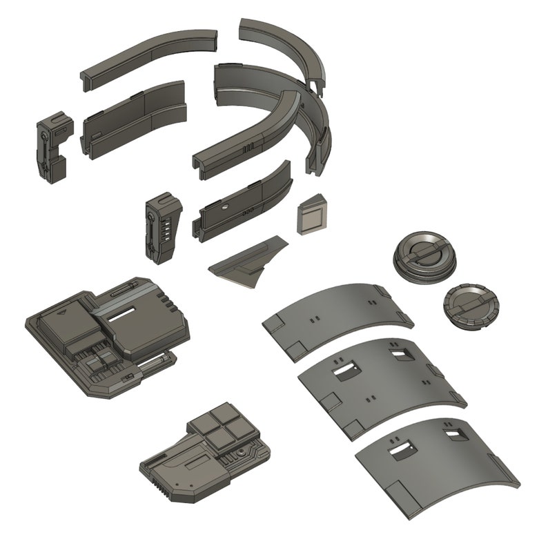 May include: A set of 3D printed model pieces for a sci-fi themed building or structure. The pieces are made of gray plastic and have a variety of shapes and sizes.