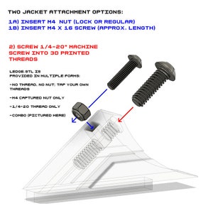May include: Diagram showing two options for attaching a jacket to a 3D printed ledge. Option 1 uses a M4 nut and screw. Option 2 uses a 1/4-20" machine screw. The ledge is available in multiple forms: no thread, M4 captured nut only, 1/4-20 thread only, and combo.