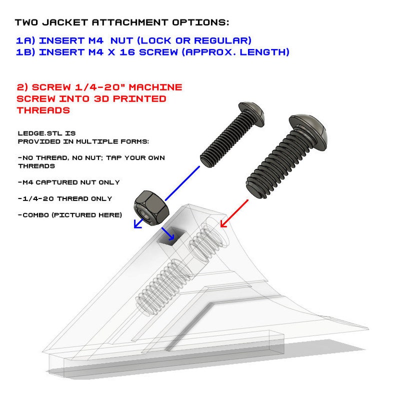 May include: Diagram showing two options for attaching a jacket to a 3D printed ledge. Option 1 uses a M4 nut and screw. Option 2 uses a 1/4-20" machine screw. The ledge is available in multiple forms: no thread, M4 captured nut only, 1/4-20 thread only, and combo.