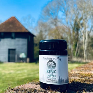 May include: A black bottle of Ancient Purity Zinc with Copper dietary supplement tablets. The bottle is sitting on a stone wall in front of a rustic wooden building with a green lawn and trees in the background.