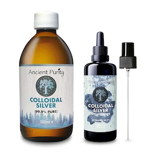 May include: Two bottles of Ancient Purity Colloidal Silver. The larger amber bottle contains 500ml of 99.9% pure colloidal silver. The smaller black bottle is a spray bottle with 100ml of colloidal silver spray drops.