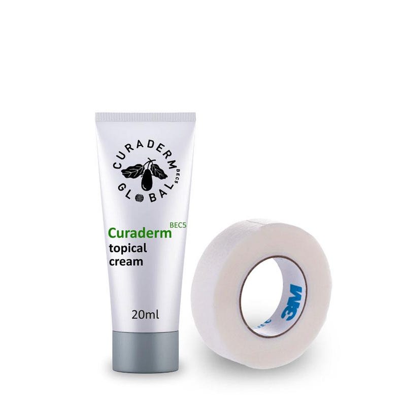 May include: A tube of Curaderm topical cream, 20ml, next to a roll of white medical tape. The cream tube is white with green and black text and a logo. The tape roll has a blue and white 3M logo.