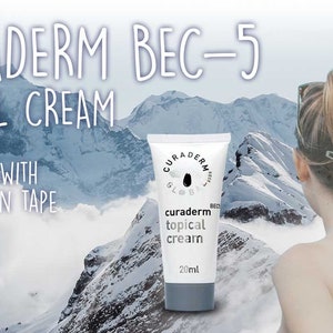 May include: A white tube of Curaderm BEC-5 topical cream, 20ml, with application tape. The product is set against a backdrop of snow-capped mountains and the text "CURADERM BEC-5 TOPICAL CREAM" is displayed above the tube.