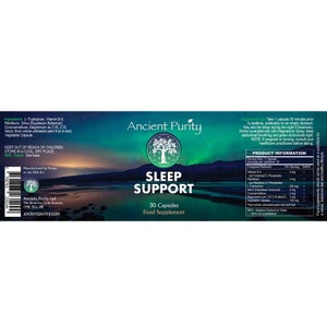 Op de afbeelding: Een productlabel voor "Sleep Support" capsules van Ancient Purity. Het label toont een landschapsontwerp met de merknaam en productnaam in vette tekst. Het bevat ingredi&euml;nten en productinformatie, inclusief portiegrootte en voedingswaarden.