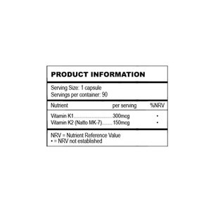 May include: A black and white product information label listing a serving size of 1 capsule with 90 servings per container. It details 300mcg of Vitamin K1 and 150mcg of Vitamin K2 (Natto MK-7) per serving, noting that the Nutrient Reference Value is not established.