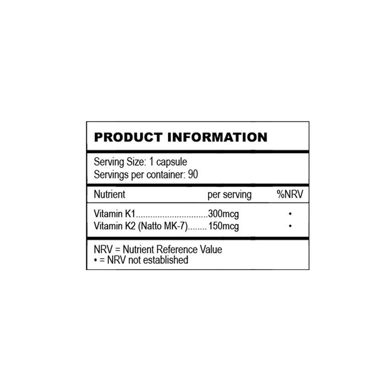 May include: A black and white product information label listing a serving size of 1 capsule with 90 servings per container. It details 300mcg of Vitamin K1 and 150mcg of Vitamin K2 (Natto MK-7) per serving, noting that the Nutrient Reference Value is not established.
