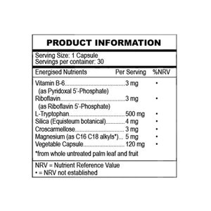 Op de afbeelding: Productinformatielabel met details over de inhoud van een capsule. Het label bevat ingredi&euml;nten zoals vitamine B-6, riboflavine en L-Tryptofaan, met portiegroottes en voedingsreferentiewaarden. De capsule bevat 120 mg plantaardige capsule.