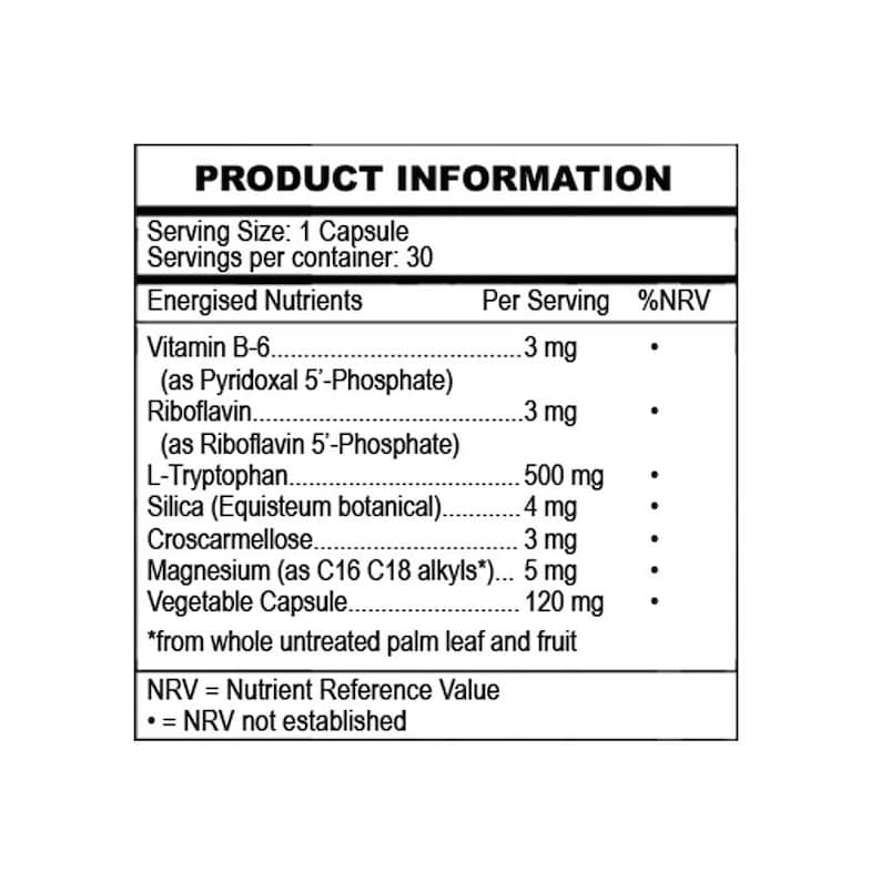 Op de afbeelding: Productinformatielabel met details over de inhoud van een capsule. Het label bevat ingredi&euml;nten zoals vitamine B-6, riboflavine en L-Tryptofaan, met portiegroottes en voedingsreferentiewaarden. De capsule bevat 120 mg plantaardige capsule.
