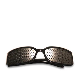 May include: Black pinhole glasses featuring multiple small circular perforations across the lenses. The glasses have a classic frame design and are set against a white background.