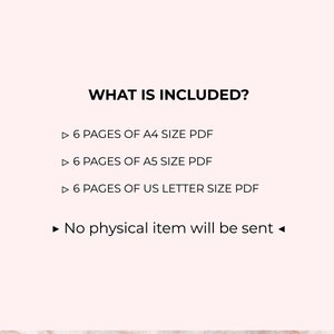May include: Text on a pink background that reads "WHAT IS INCLUDED?" followed by a list of printable PDF sizes: 6 pages of A4 size PDF, 6 pages of A5 size PDF, and 6 pages of US Letter size PDF. The text concludes with "No physical item will be sent." The bottom of the image features a marble background with the text "PLUM BLOSSOM PRINTS PRINTABLE PLANNER JOURNAL MORE..."