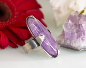 Unique Oxidized Sterling Silver Ring with Long Oval-Shaped Amethyst Stone  - Elegant and Eye-Catching