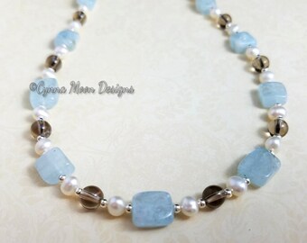 Aquamarine Pearl & Smoky Quartz Necklace