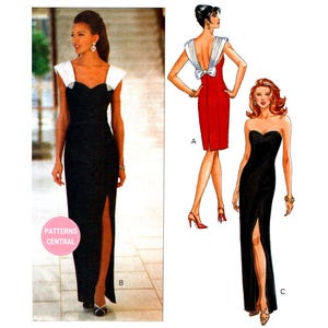 May include: A black evening gown with a high slit and white shoulder accents is modelled. The image also shows illustrations of two other dress designs: a red dress with a white bow detail and a strapless black gown. The text "PATTERNS CENTRAL" is visible.