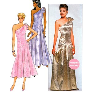 May include: Image of three one-shoulder evening gowns. The gowns are in pink, lavender, and gold. The pink and lavender gowns have a floral pattern. The gold gown has a textured pattern. The image includes the text "PATTERNS CENTRAL".