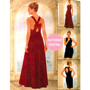 May include: A burgundy formal dress with a bow detail on the back. The dress has a floor-length skirt and a V-neckline. The image also shows two other dress styles in black and burgundy. The text "PATTERNS CENTRAL" is visible.