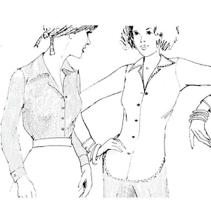 May include: Two women wearing long-sleeved shirts with collars. The shirt on the left has a button-up front and the shirt on the right has a button-up front and a pointed collar.