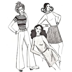 May include: Line drawing illustration of three women wearing different outfits. The woman on the left is wearing a striped shirt and wide-legged pants. The woman in the center is wearing a turtleneck sweater and a skirt. The woman on the right is wearing a turtleneck sweater and a skirt.