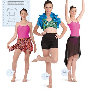 May include: Three dancers wearing different dance outfits. The dancer on the left is wearing a pink tank top, a leopard print skirt, and black shorts. The dancer in the middle is wearing a blue and green ruffled top, a green tank top, black shorts, and a black belt. The dancer on the right is wearing a pink tank top, a black skirt, and a black sheer overlay.