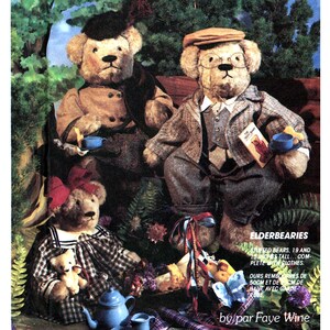 May include: Three teddy bears dressed in vintage clothing are sitting on a blanket in a woodland setting. The bears are having a tea party with teacups and a teapot. The text on the image reads "Elderbearies Bears, 19 and stall complete clothes. Ours rembres de 50cm et dem de by/par Faye Wine."