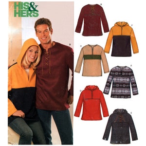 May include: A sewing pattern for a hooded shirt with a lace-up detail. The pattern includes five different variations of the shirt, including a red, black, and white patterned shirt, a red shirt, a tan shirt, a black and yellow shirt, and a blue shirt.