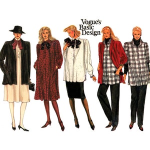 May include: Five women's fashion illustrations wearing different outfits. The illustrations are in a vintage style and feature a black and white checked jacket, a red and white checked jacket, a black leather jacket, a red dress, and a white blouse with a black skirt. The text "Vogue's Basic Design" is at the top of the image.