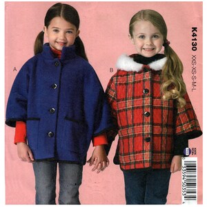May include: A sewing pattern for two children's coats. The pattern is for sizes XS, S, and M. The first coat is blue with a button closure and a pocket. The second coat is red and black plaid with a white faux fur collar.