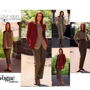May include: Four women modelling different outfits. The women are wearing trouser suits in brown, grey, and beige. The outfits are all from Calvin Klein, Vogue Patterns.