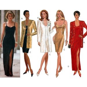 May include: Five women's evening dresses with different styles and colors. The dresses are all long and have a fitted silhouette. The first dress is black with a side slit, the second is gold with a scoop neck, the third is red with a side slit, the fourth is black with a gold sequined jacket, and the fifth is white with a white jacket.