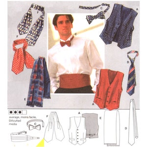 May include: A sewing pattern for a waistcoat and bow tie. The pattern includes instructions for making a waistcoat with different types of fabric and a bow tie with different patterns. The pattern is rated as average in difficulty.