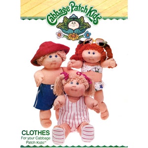 May include: A pattern for making clothes for Cabbage Patch Kids dolls. The pattern shows three dolls wearing different outfits: a red and white striped swimsuit, a blue swimsuit, and a red and white striped swimsuit with a red hat.
