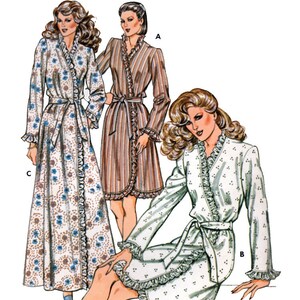May include: Three different styles of robes with ruffled trim. The robes are in floral patterns with long sleeves and a wrap style. The robes are labelled A, B, and C.
