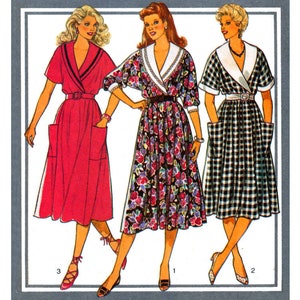 May include: Three women wearing different styles of dresses with collars. The dresses are a solid red, a floral print, and a black and white gingham pattern. All three dresses have pockets.