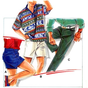 May include: Three people wearing casual clothing. A person wearing a red top and blue denim shorts. A person wearing a white shirt with a blue, red, and green patterned design and white shorts. A person wearing a green shirt and green trousers.