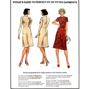 May include: A guide to achieving a perfect fit for fitted garments with waistline seams. The guide features three women wearing different dresses, illustrating the key to personal fit for Vogue patterns. The text explains how to adjust Vogue patterns with waistline seams.